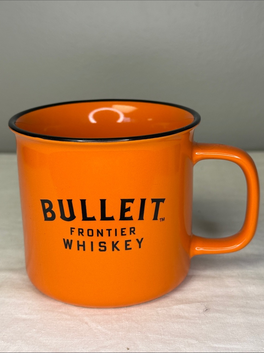 Bulleit Frontier Whiskey Orange Ceramic Mug Cup Black Rim Promotional Barware